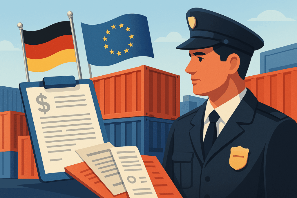 Zollsituation mit Container, Flaggen und beratendem Personal in professioneller Umgebung