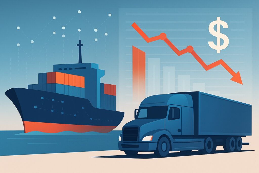 Lkw und Containerschiff vor digitalen Preiskurven und Netzlinien