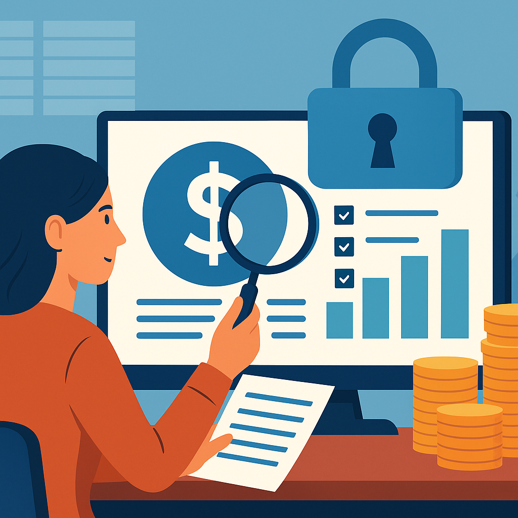 Illustration einer Frau mit Dokumenten und transparentem Overlay
