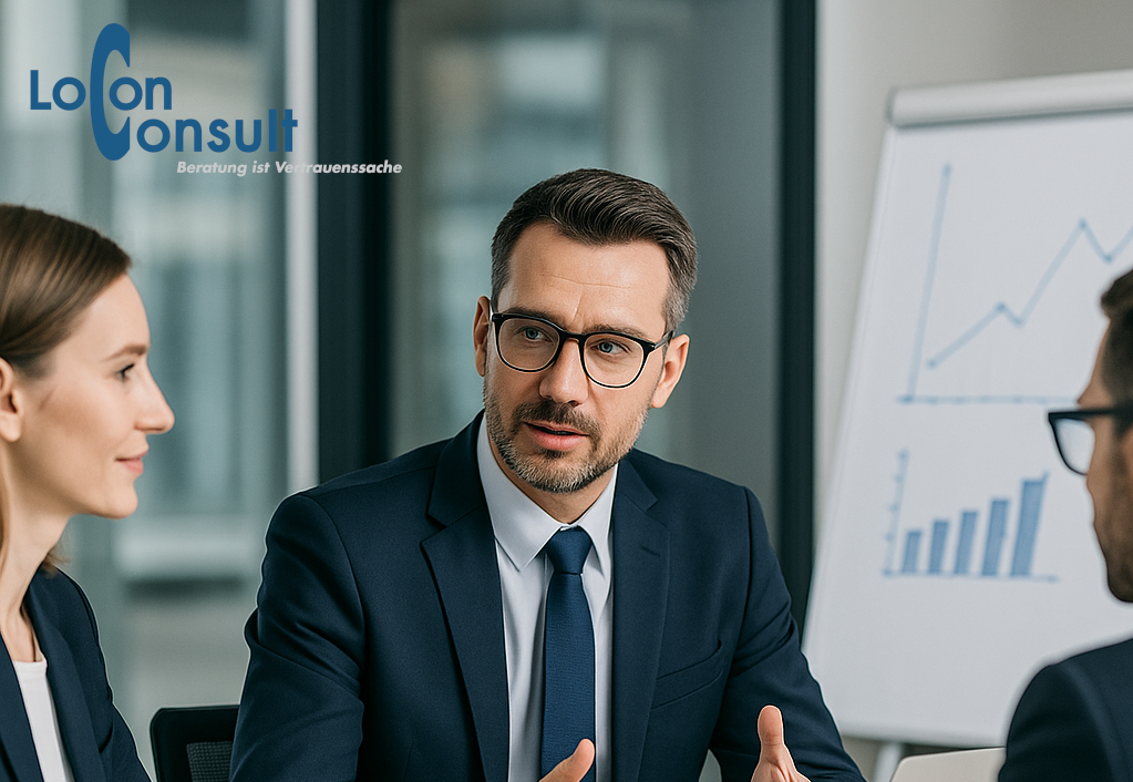 Drei Personen in einer Beratungssituation – symbolisch für Logistikberatung und Außenwirtschaft bei LOCON CONSULT