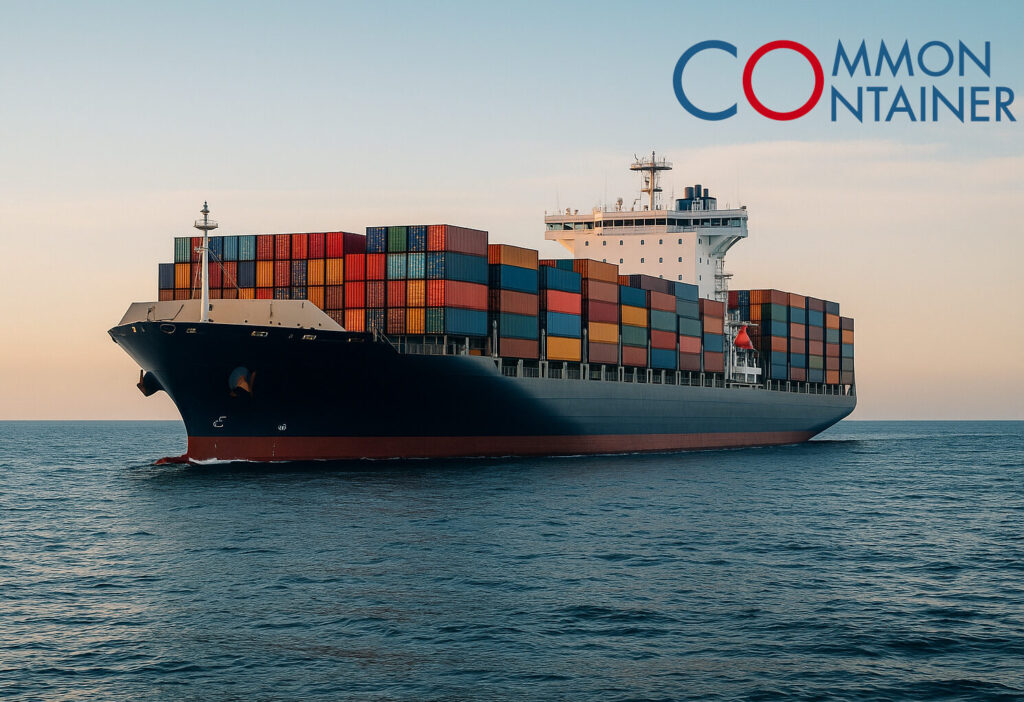 Common Container - Großes Containerschiff im Hafen, beladen mit bunten Containern, als Symbol für internationale Seefracht un die Containerkooperation Common Container